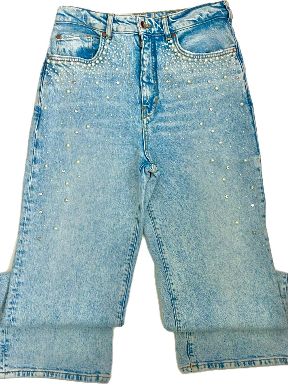 Anthropologie Pilcro Light Blue Pearl + Crystal Straight Leg Jeans - Picture 8 of 12